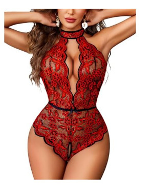Deep V Lace Bodysuit for Women - Floral Print Open-Crotch Backless Sexy Lingerie with Elegant Design - red