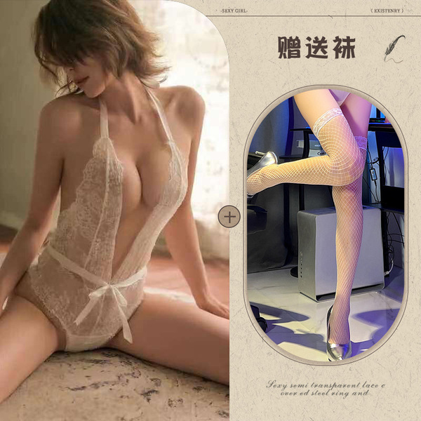 Mannyqing Sexy Lace Bodysuit with Open-Crotch & Halter Neck – Alluring Lingerie Set for Women - White + white fishnet stockings