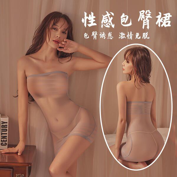 Model wearing yeqingge transparent lace bodysuit with sheer mesh, open-crotch design and high-waisted thigh-highs.