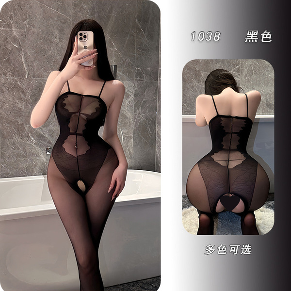 Sensual Full-Body Mesh Bodystocking with Open-Crotch Design – Sexy Seamless Sheer Lingerie for Women - black