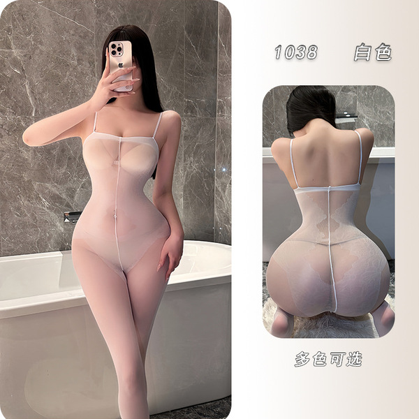 Sensual Full-Body Mesh Bodystocking with Open-Crotch Design – Sexy Seamless Sheer Lingerie for Women - White