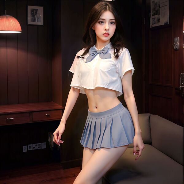 Japanese-Style Busty JK Uniform Set for Women – Waist-Revealing Pleated Skirt & Matching Top, No-Remove Lingerie Outfit - Gray 32