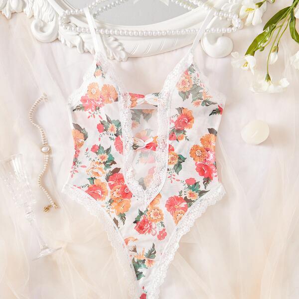 Floral lace sheer bodysuit for women, european-style erotic lingerie with delicate full-lace design and ultra-feminine transp...