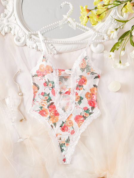 Lace Sheer Bodysuit for Women – Sexy European-Style Erotic Lingerie, Ultra-Feminine Full-Lace Transparent Bodysuit - White