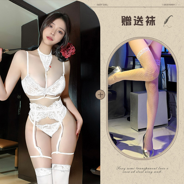 Pure & Alluring Lace Bodysuit for Small Bust - Sheer Sexy Open-Crotch Sleepwear with Bow Detail - White + white fishnet stockings