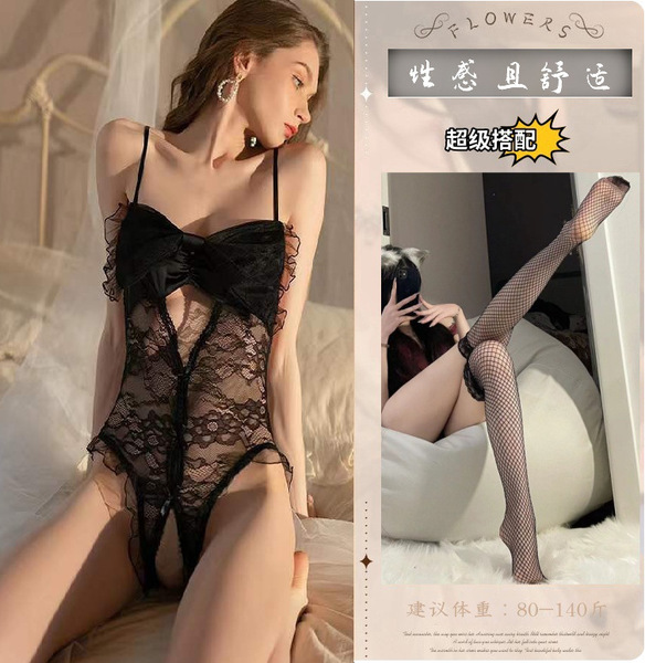 Seductive Maid Costume Lingerie Set - Modest Yet Alluring Temptation Sleepwear for Women - Black + Black Fishnet Stockings