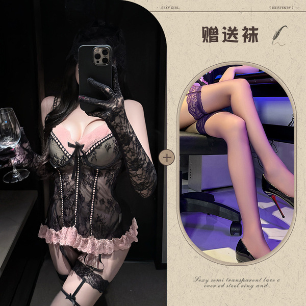 Manyeqing Lace Lingerie Set - Deep V Push-Up Sexy Mesh Slip Dress with Sheer Allure - Black + black stockings