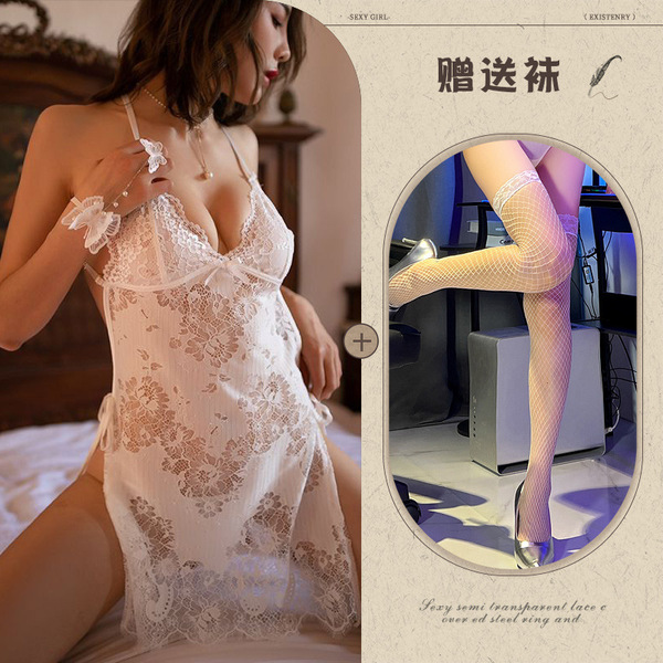 Mannye Qinglu Back Plus Size Lingerie Set - Sexy Transparent Lace Bodysuit with Halter Neck & Shaping Design - White + white fishnet stockings