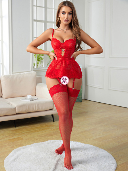 Wish European and American Sexy Lingerie - Sexy Lace Bodysuit with Garter Straps & Split Sleepwear for Women - red