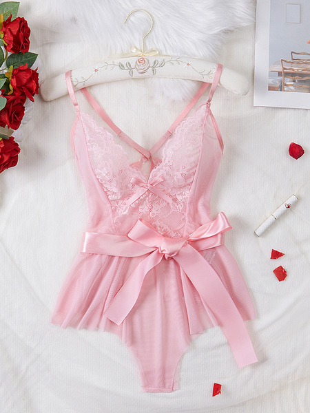 Lace Sheer Bodysuit for Women - Sexy European Style Erotic Lingerie, Full-Body Transparent Intimate Wear - pink