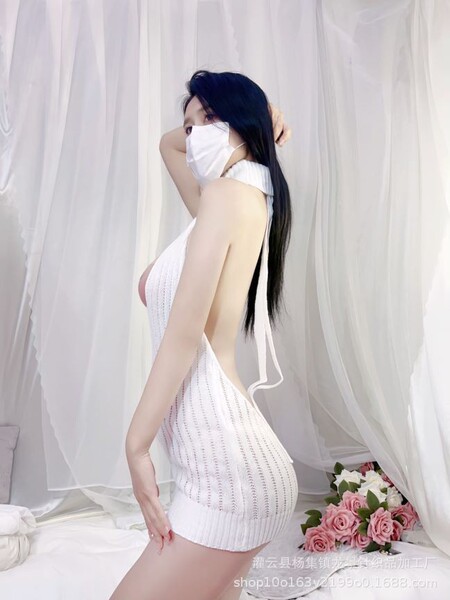 Seductive Open-Front Backless Knit Set - Provocative Lingerie Dress & Matching Sleepwear Outfit - White