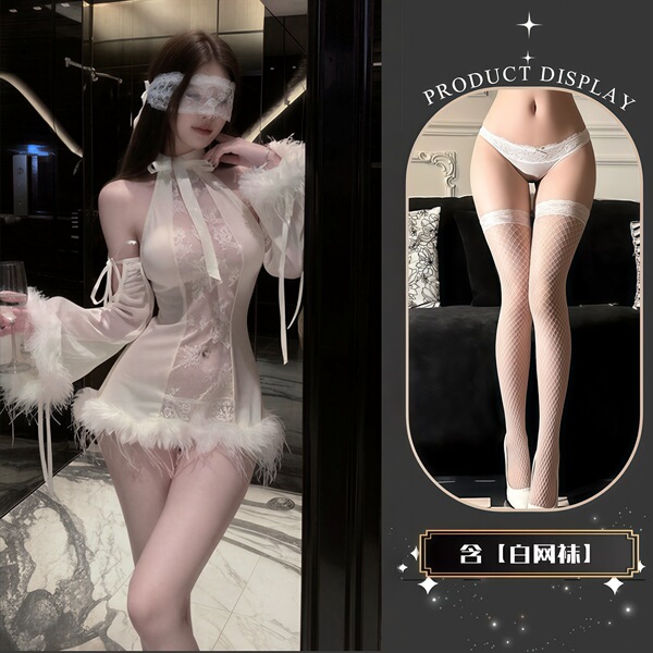 QQNY Pure Allure Sleepwear Set – Luxury Sensual Lingerie for Women, Soft Satin Bedroom Outfit - White + white fishnet stockings