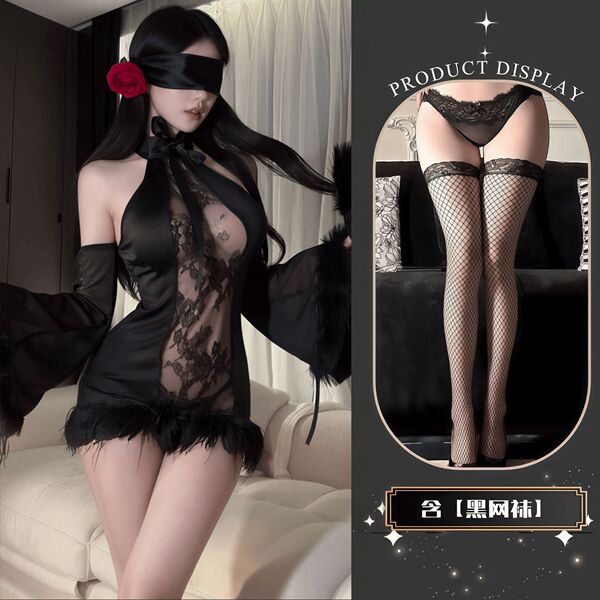 QQNY Pure Allure Sleepwear Set – Luxury Sensual Lingerie for Women, Soft Satin Bedroom Outfit - Black + Black Fishnet Stockings