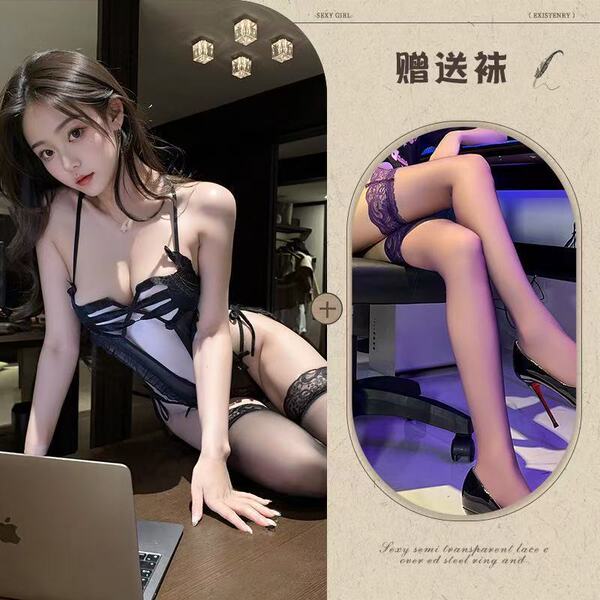 Midnight Desire Lace Bodysuit - Seductive Sheer Pure-Temptation Open-Crotch Sensual Lingerie - Black + black stockings