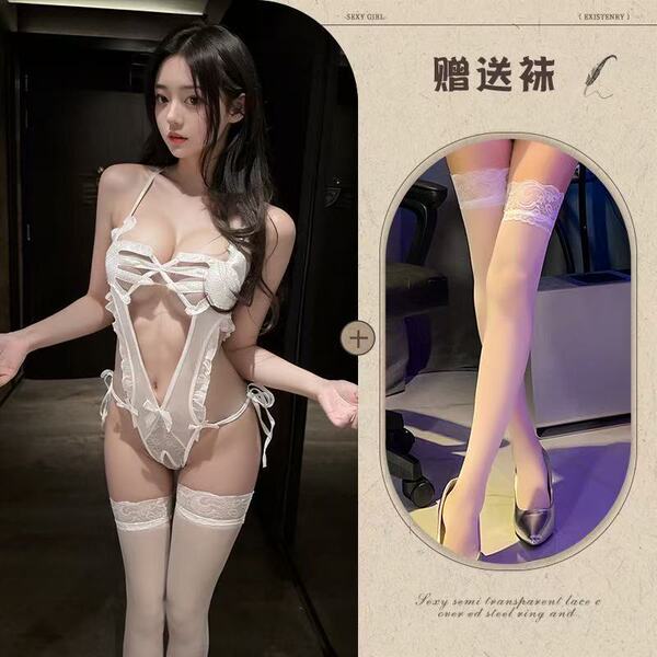 Midnight Desire Lace Bodysuit - Seductive Sheer Pure-Temptation Open-Crotch Sensual Lingerie - White + white stockings