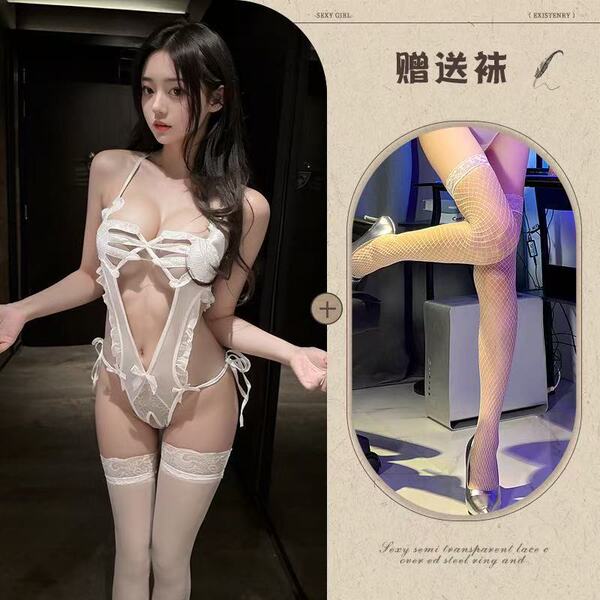 Midnight Desire Lace Bodysuit - Seductive Sheer Pure-Temptation Open-Crotch Sensual Lingerie - White + white fishnet stockings