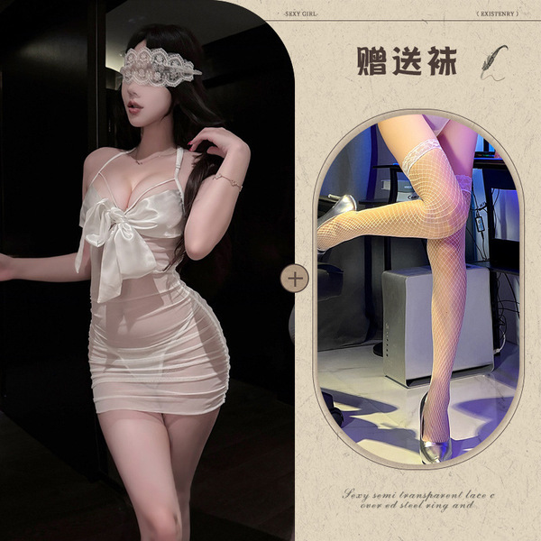 Mannyqing QQNY Sheer Lace Babydoll Nightgown with Bow - Sensual Women's Thin Mesh Sleepwear Set - White + white fishnet stockings