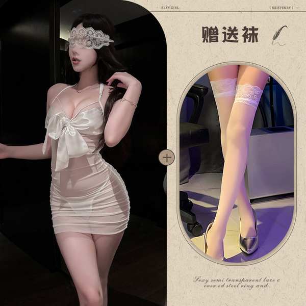 Mannyqing QQNY Sheer Lace Babydoll Nightgown with Bow - Sensual Women's Thin Mesh Sleepwear Set - White + white stockings