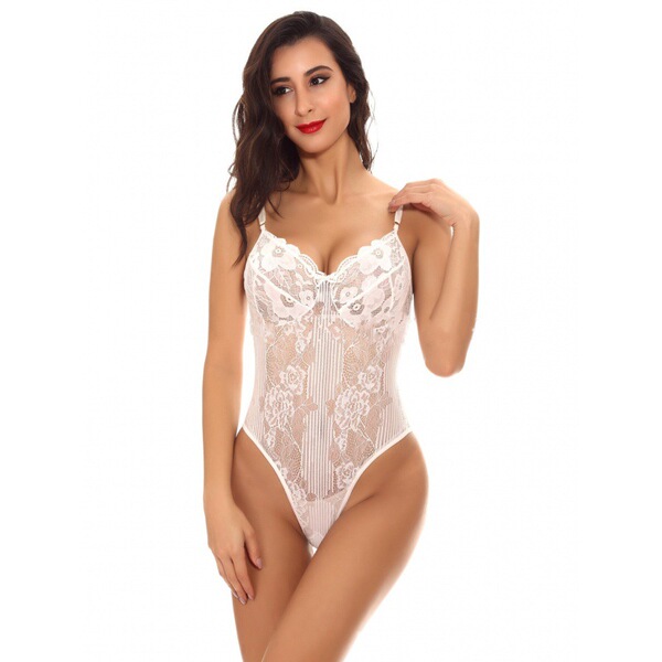 Sexy Lace Sheer Bodysuit for Women -European and American Style Thin Shapewear Sleepwear with Adjustable Straps & Cut-Ou - White