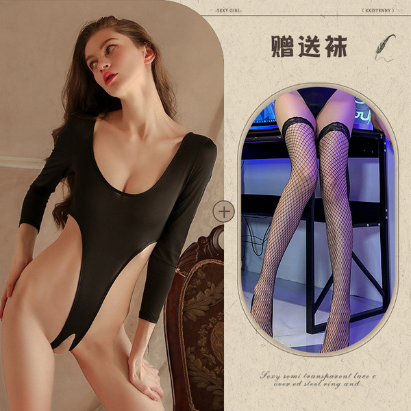 Qingran Sexy Lingerie Set - Sheer Passion Sleepwear Bodysuit with Open-Crotch Design, Pure Temptation Uniform Style - Black + Black Fishnet Stockings
