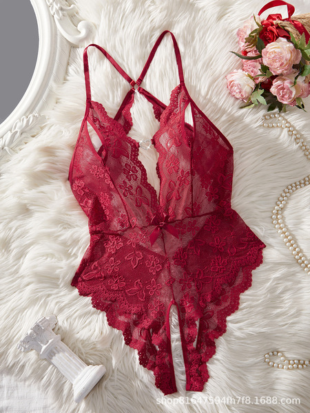 Lace Sheer Bodysuit for Women - Sexy European Style Erotic Lingerie, Full-Body Transparent Intimate Wear - Claret
