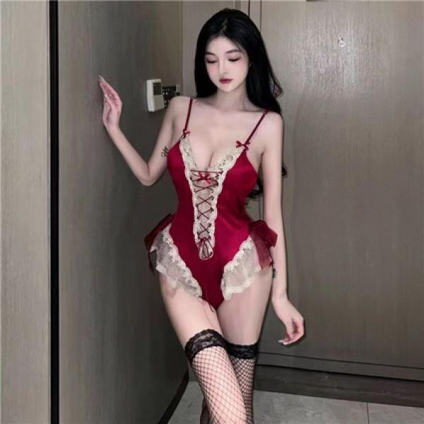 Womens sweet & sexy lingerie set - sheer tutu bodysuit with open-crotch design, cute romantic outfit