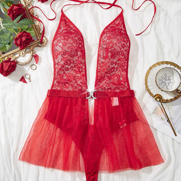 Luxury full-lace sheer bodysuit for women, featuring elegant european design with intricate lace details and a delicate tulle...