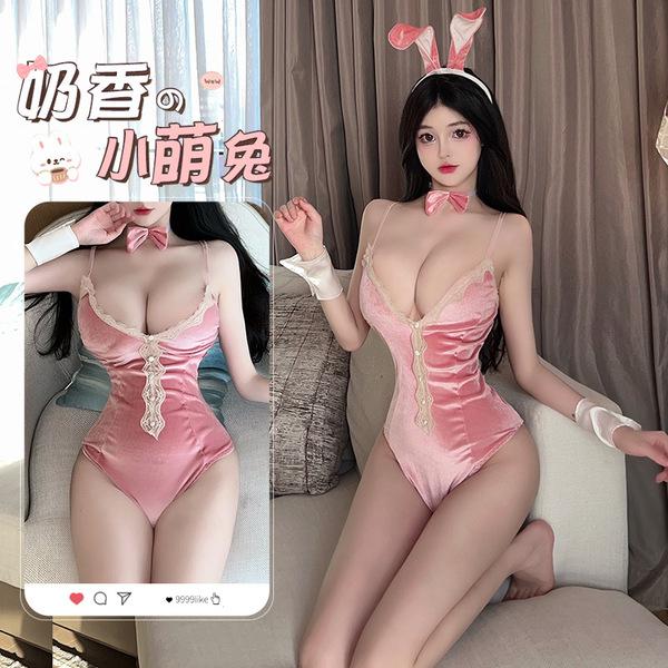 Pink velvet bunny costume with open-crotch design for playful seduction