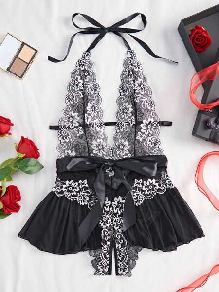 Lace Sheer Bodysuit for Women - Sexy European Style Erotic Lingerie, Full-Body Transparent Design - black