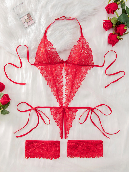 Lace Sheer Bodysuit for Women - Sexy European-American Style Erotic Lingerie, Full-Body Transparent Design - red
