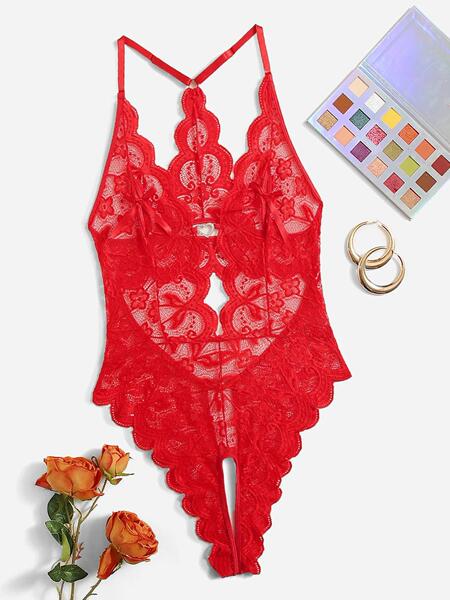 Lace Halter Neck Sheer Open-Crotch Bodysuit - Sexy Sleepwear for Women, Wholesale OEM/ODM - Claret