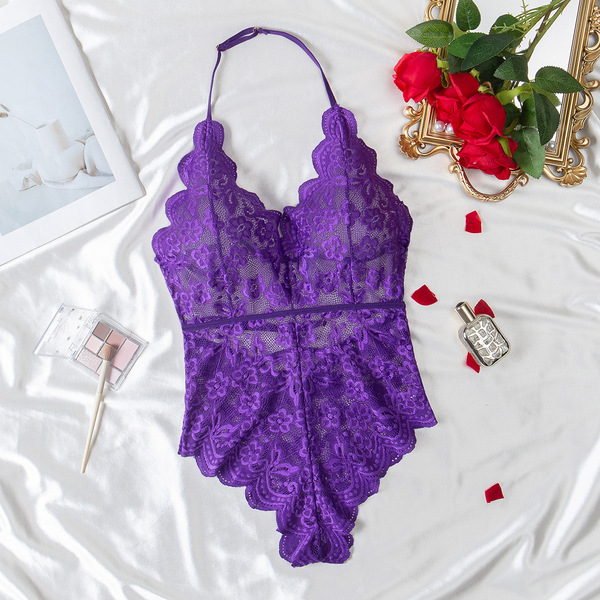 Lace Sheer Bodysuit for Women - Sexy Full-Lace Erotic Lingerie, European & US Style Intimate Wear - Purple