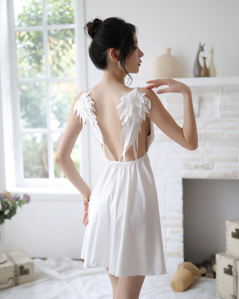Suoqing Sensual Lingerie Set – Winged Strap Backless Sexy Sleepwear for Women - White