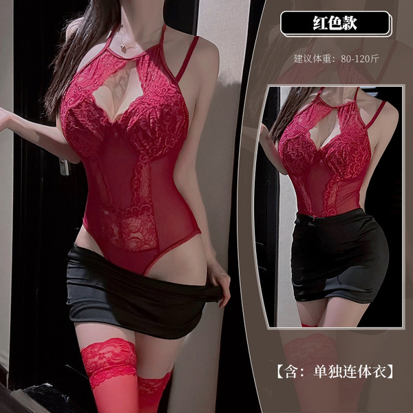 Women's Sexy Lace Bodysuit - Sheer Pure Temptation Mesh & Lace One-Piece Outfit, No-Undress Design - red