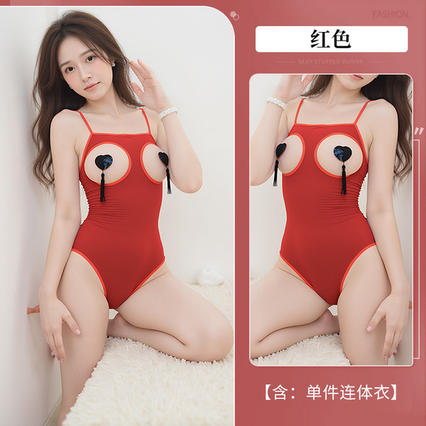 Sexy Lace Mesh Bodysuit with Open-Crotch Design - Sheer Tight-Fit Erotic Lingerie for Women - red