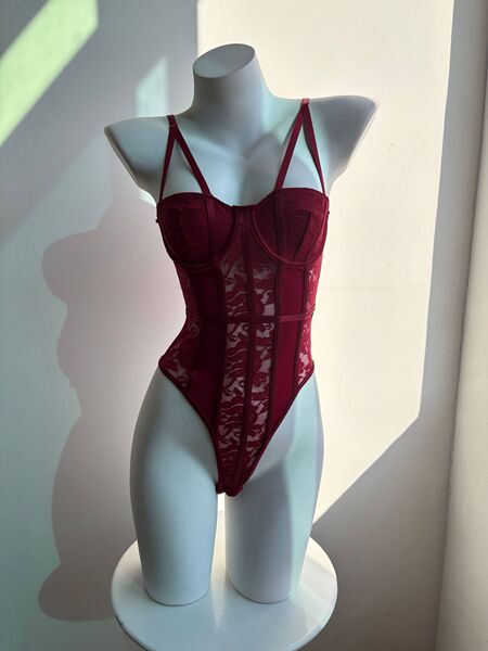 Sexy Backless Lace Bodysuit - Sheer Mesh & Lace Bodycon Shapewear Lingerie for Women - Claret