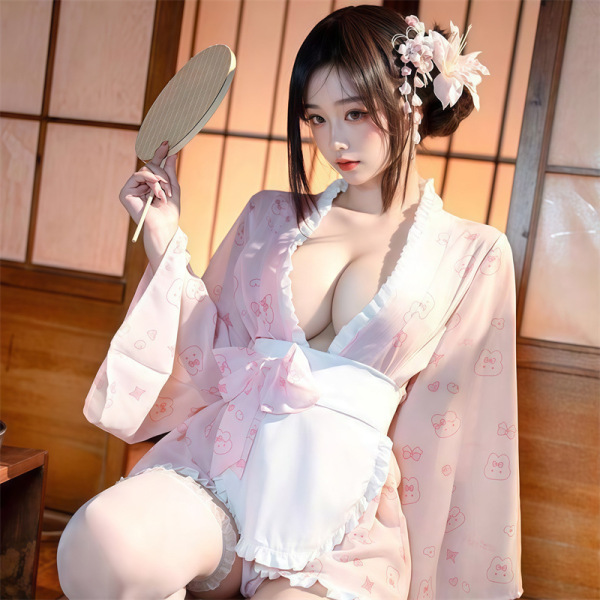 Woman in pink bunny-print kimono robe with lace trim, holding fan; sexy lingerie set with floral hairpiece.