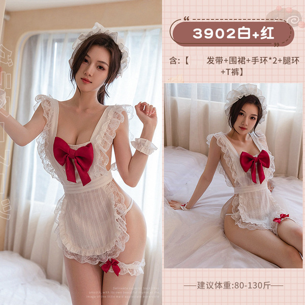Premium Lace Lingerie Set - Sexy Sheer Costume Sleepwear for Cosplay & Date Night Fun - 3902◆Charming◆ White + Red [Headband + Apron + Bracelets*2 + Leg Rings + T-shirt]