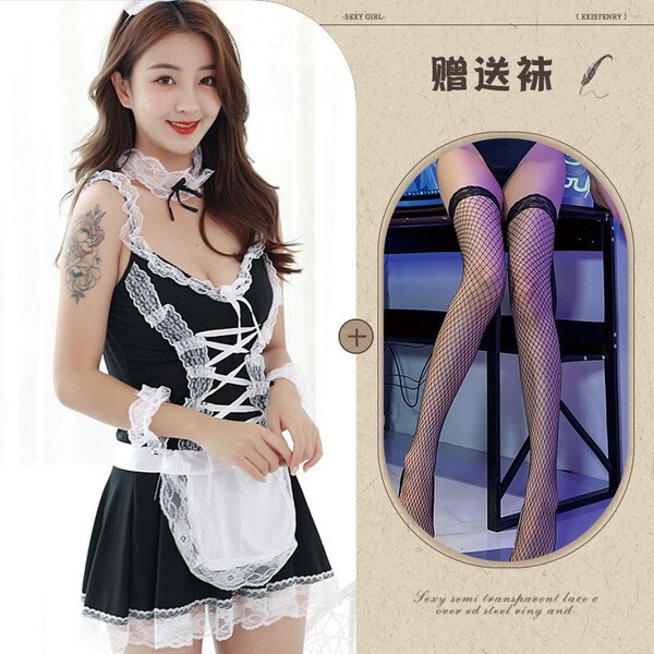 Plus Size Maid Costume Set - Sexy Lingerie Sleepwear Outfit for Women, Spring Temptation Ensemble - 392 plus black fishnet stockings