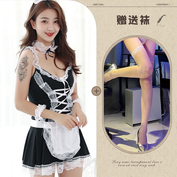 Plus Size Maid Costume Set - Sexy Lingerie Sleepwear Outfit for Women, Spring Temptation Ensemble - 392+ white fishnet stockings