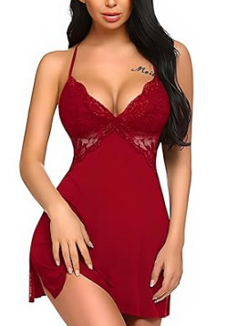 Leopard Print Lace Sleep Dress for Women – Sexy Sheer Tight-Fit Erotic Lingerie Nightgown, US/EU Sourced - Claret