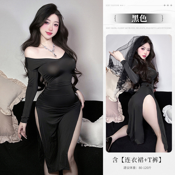 Sexy High-Waist Split Sheer Cheongsam Lingerie for Women – Elegant Nightclub & Boudoir Outfit, No-Remove Design - black