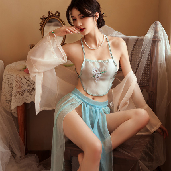 NightDream Beauty Sensual Lace Bodysuit Set – Vintage-Inspired Sheer Mesh Chinese Hanfu Style Corset & Skirt Outfit - Blue four-piece set