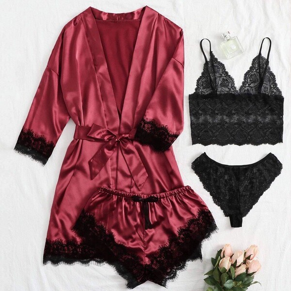 European womens lace sleepwear set - sexy matching 4-piece pajama set for plus size & curvy women, featuring elegant red sati...