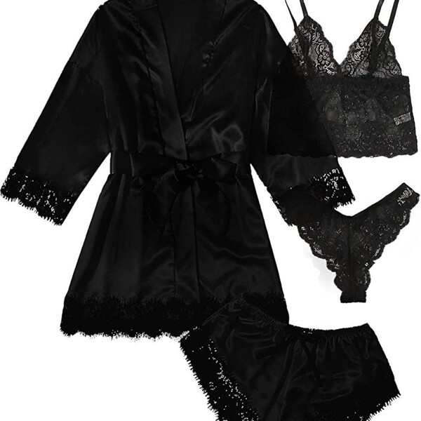 European womens lace sleepwear set - sexy matching 4-piece pajama set for plus size & curvy women, featuring elegant black la...