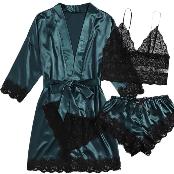 European womens lace sleepwear set - sexy matching 4-piece pajama set for plus size & curvy women, featuring a silky robe wit...