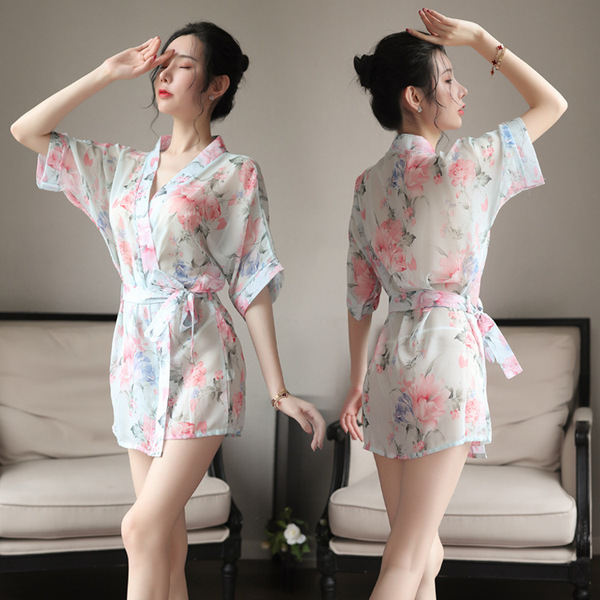 Japanese-Style Sexy Lace Sleepwear Set – Sheer Chiffon Kimono Robe & Matching Lingerie Outfit - 4