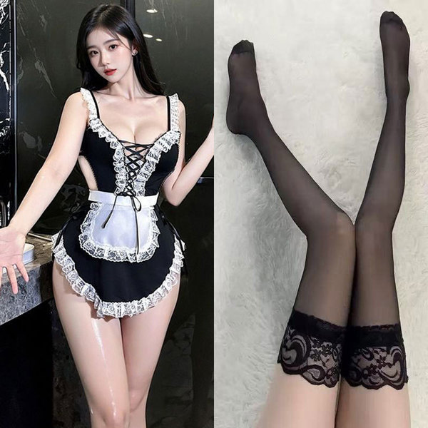 Pure & Seductive Maid Costume - Lace Sexy Role Play Sleep Dress with Detachable Apron & Headband - Sweet and alluring cute maid outfit [four-piece set] + black lace stockings