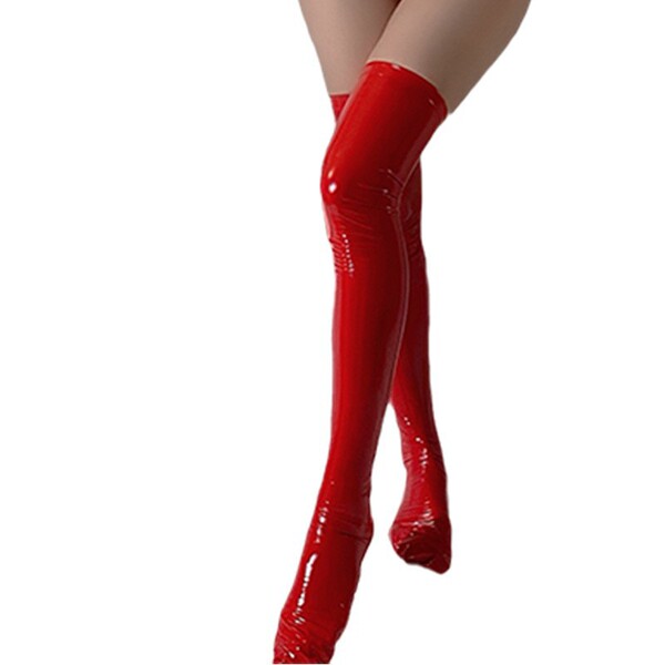 Gueiyun SM Latex-Look Leather Biker Outfit - Open-Crotch Zippered Fetish Costume with Butt Exposure & Tight Restraint Fi - 4002 Red + [8007 Red Mirror Stockings]