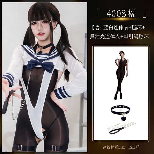 Sexy 6D Seamless Bodysuit with Sheer Mesh & Glossy Black Stockings - Adjustable Halter Neck Lingerie Set - 4008 Blue Suit + [8011 Leash Necklace + 4403 Black Glossy Bodysuit]
